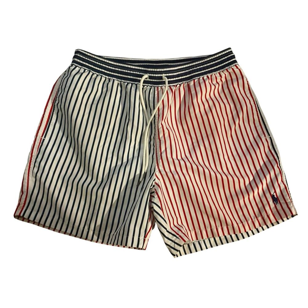 Polo Ralph Lauren Red White & Blue Striped Swim Trunks Mens Large